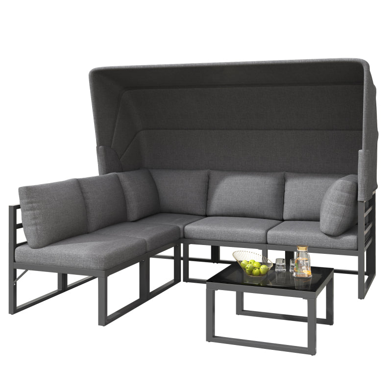 Garten Loungesessel Set, Iron Sunny Island Sitzgruppe Hocker und Tisch mit Markise 4er Set Balkon und Garten Loungemöbel Terrassenmöbel Wetterfest Grau Inkl. aller Kissen(previous sku:HW24006AAA)