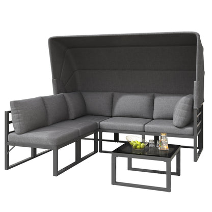 Garten Loungesessel Set, Iron Sunny Island Sitzgruppe Hocker und Tisch mit Markise 4er Set Balkon und Garten Loungemöbel Terrassenmöbel Wetterfest Grau Inkl. aller Kissen(previous sku:HW24006AAA)