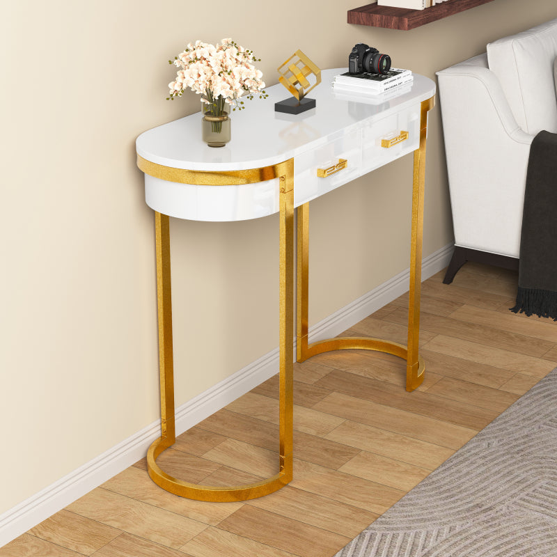 100 x 40 x 76 cm, Moderner und schlichter weißer Hochglanz-Sofa-Beistelltisch, Wohnzimmer-Konsolentisch,  Schreibtisch mit 2 Schubladen, geeignet für Wohnzimmer, Schlafzimmer, Büro, Flur