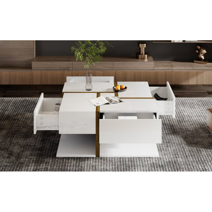 Hochglanz-Couchtisch, Tisch mit 4 Schubladen, einzigartige Farbabstimmung und Liniendesign, Stauraum unten. 78*78*34,8cm