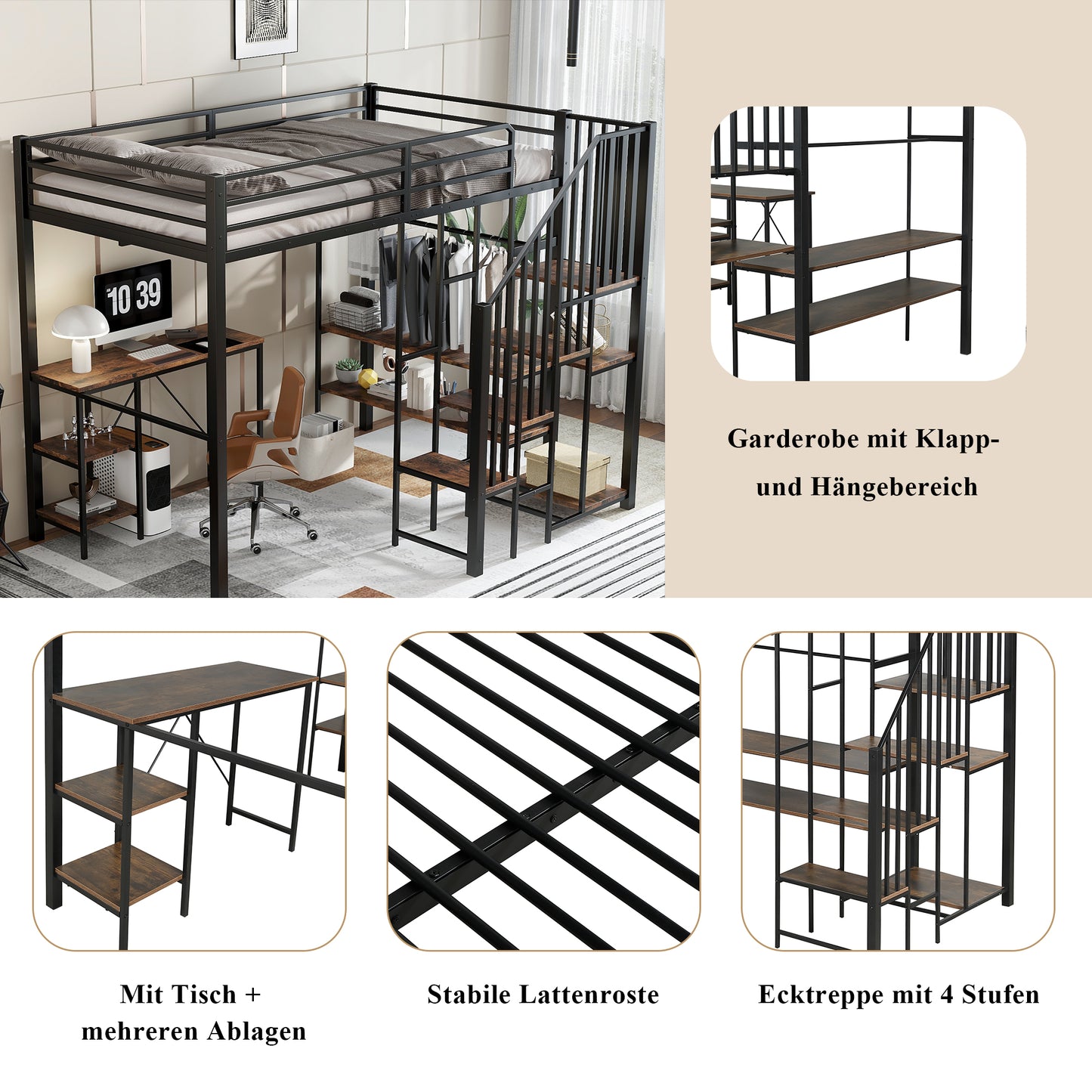 Eisenbett, Etagenbett, Geeignet für Kinder und Jugendliche, Eckleiterschrank mit Stauraum, Mit Tisch und Ablageregal, Mit offenem Kleiderschrank, Eisen+MDF, Schwarz+Vintage-Holzfarbe