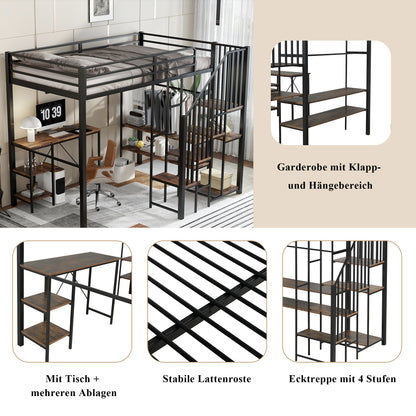Eisenbett, Etagenbett, Geeignet für Kinder und Jugendliche, Eckleiterschrank mit Stauraum, Mit Tisch und Ablageregal, Mit offenem Kleiderschrank, Eisen+MDF, Schwarz+Vintage-Holzfarbe