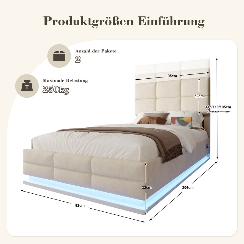 90x200 cm Modernes Velours-Polsterbett mit höhenverstellbarem Kopfteil - Inkl. USB/Type-C-Anschlüssen, LED-Ambientebeleuchtung, hydraulischem Lift-System & XXL-Stauraum (ohne Matratze) - Beige