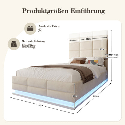 90x200 cm Modernes Velours-Polsterbett mit höhenverstellbarem Kopfteil - Inkl. USB/Type-C-Anschlüssen, LED-Ambientebeleuchtung, hydraulischem Lift-System & XXL-Stauraum (ohne Matratze) - Beige