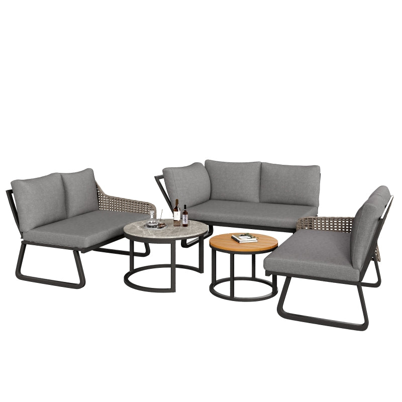 Gartenmöbel-Set für 6-7 Personen, Outdoor-Lounge-Set, Rattan-Handwerk, mit zwei Tischen, mit verzinktem Eisengestell, verstellbare Beine, inklusive aller Sitz- und Rückenkissen, grau