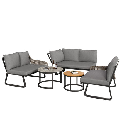 Gartenmöbel-Set für 6-7 Personen, Outdoor-Lounge-Set, Rattan-Handwerk, mit zwei Tischen, mit verzinktem Eisengestell, verstellbare Beine, inklusive aller Sitz- und Rückenkissen, grau