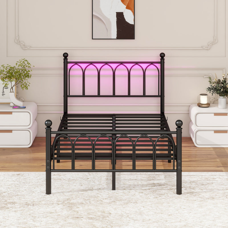 120x200cm Metall Bettrahmen mit Vintage Kopf und Fußplatte, USB-Ladestation, LED-Bettrahmen, Heavy Duty Stahl Slat Unterstützung, Reichweite Unterbett-Speicher, Keine Box-Feder erforderlich, Schwarz