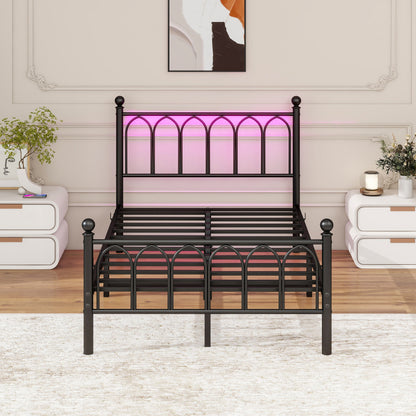 120x200cm Metall Bettrahmen mit Vintage Kopf und Fußplatte, USB-Ladestation, LED-Bettrahmen, Heavy Duty Stahl Slat Unterstützung, Reichweite Unterbett-Speicher, Keine Box-Feder erforderlich, Schwarz