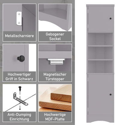 36.5 x 24.5 x 170cmDreieckiger Badezimmerschrank, feuchtigkeitsbeständiger Lack, drei offene Ablagefächer, Doppeltüren, verstellbare Einlegeböden, platzsparend, Grau