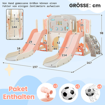 Kinderspielplatz-Set 8-in-1, Freistehendes Meerestier-Motiv-Set mit Rutsche, Bogentunnel, Basketballkorb und Teleskop, Doppelte Rutschen für Kleinkinder, Klettergerüst für Kinder