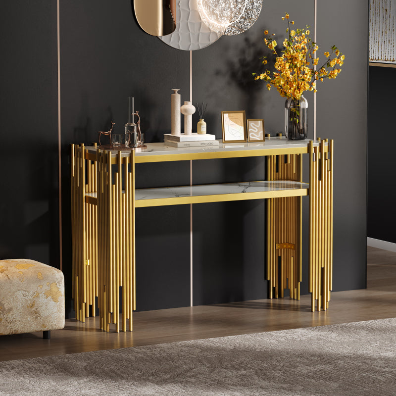 Mid-Century Modern Wohnzimmer Beistelltisch, Konsolentisch, weißer Korpus mit goldenen Beinen, doppellagiges MDF, belastbar bis 40 kg
