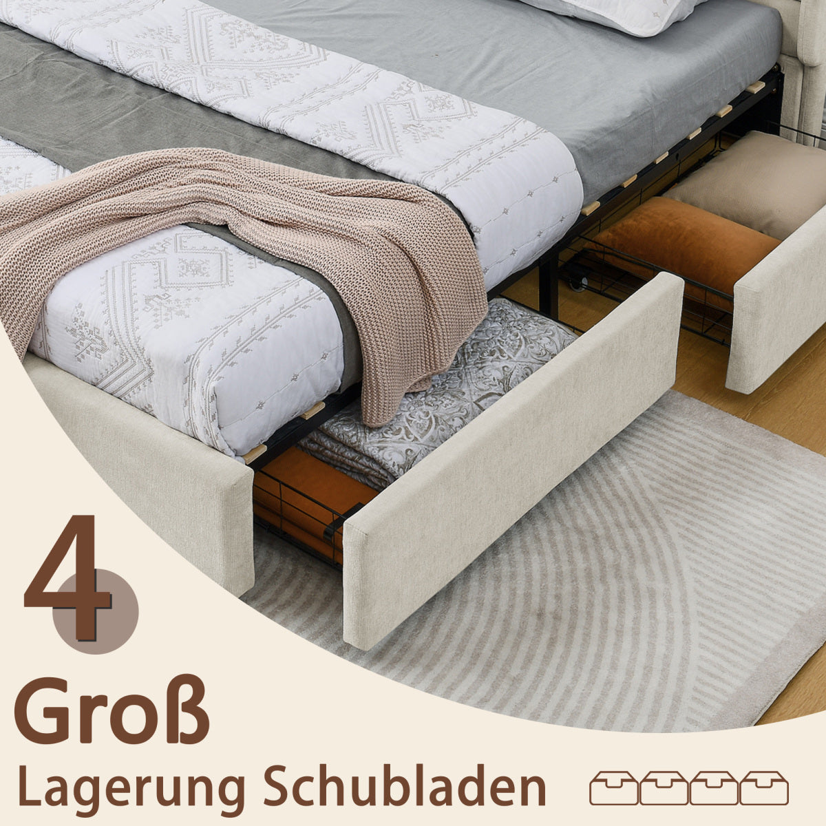 Doppelbett 160×200 cm aus Chenille mit 4 Schubladen, stabiles Bettgestell für Schlafzimmer & Eltern-Kind-Zimmer, Beige (ohne Matratze)