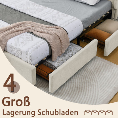 Doppelbett 160×200 cm aus Chenille mit 4 Schubladen, stabiles Bettgestell für Schlafzimmer & Eltern-Kind-Zimmer, Beige (ohne Matratze)