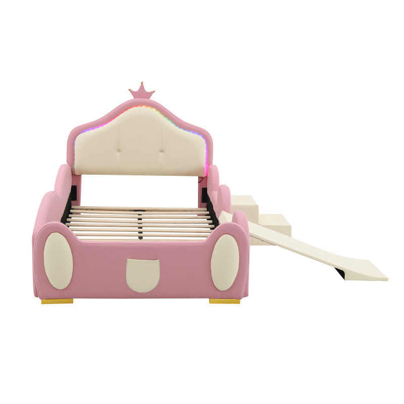 Polsterbett, Crown Cartoon Bett, Mit Multi-Mode-LED-Streifen, Kinderbett mit kleiner Rutsche und Treppe, mit schützenden weichen Kanten, mit Holzlatten, PU, Rosa + Beige, 90x200cm