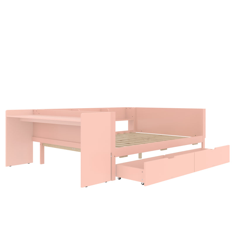Flachbett, Holzbett, 140x200cm, mit Schreibtisch, ausgestattet mit 2 Schubladen, Doppelbett(Ohne Matratze), mit Regalen, Kiefer + Spanplatte, Rosa