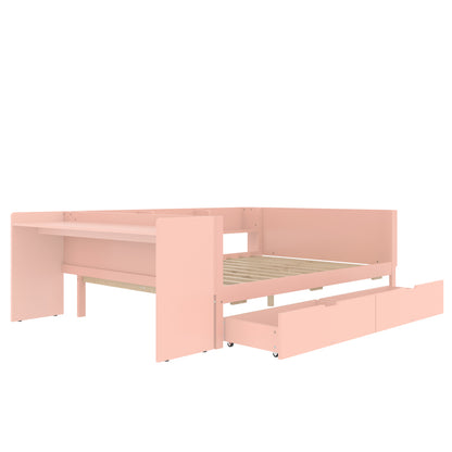 Flachbett, Holzbett, 140x200cm, mit Schreibtisch, ausgestattet mit 2 Schubladen, Doppelbett(Ohne Matratze), mit Regalen, Kiefer + Spanplatte, Rosa