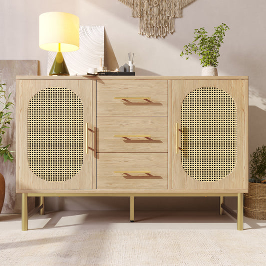Rattan kommode mit 3-Schubladen und 2-Rattan-Türer,kommode schrank, Schminktisch, für Schlafzimmer und Wohnzimmer, Verstellbare Regale, Kippschutz, 120 x 40 x 74 cm, Sonoma Eiche