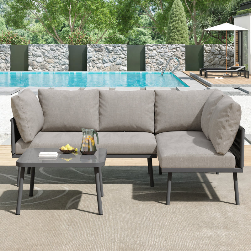 Garten-Lounge-Set aus Eisen, Gartenmöbel-Set aus grauem Seil, L-förmiges Gartenmöbel-Set, Lounge-Set aus grauem Seil mit Sitzkissen, verstellbaren Füßen, 2 Sofas und 1 Tisch