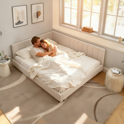 Doppelbett 160×200 cm aus Samt mit hoher Rückenlehne, stabiles Bettgestell aus Holz & Metall, ideal für Schlafzimmer & Familienzimmer, Beige (ohne Matratze)