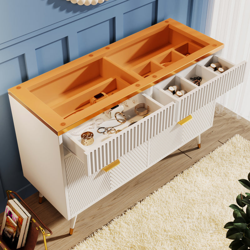 Kommode Sideboard aus Bernstein Glas, Kommode mit 6 Schubladen,Facheinteilung, kippsicher, Hochschrank für Schlafzimmer und alle Wohnräume, 120 x 40 x 76 cm, weiß