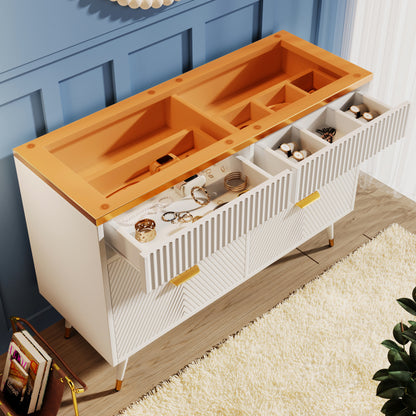 Kommode Sideboard aus Bernstein Glas, Kommode mit 6 Schubladen,Facheinteilung, kippsicher, Hochschrank für Schlafzimmer und alle Wohnräume, 120 x 40 x 76 cm, weiß