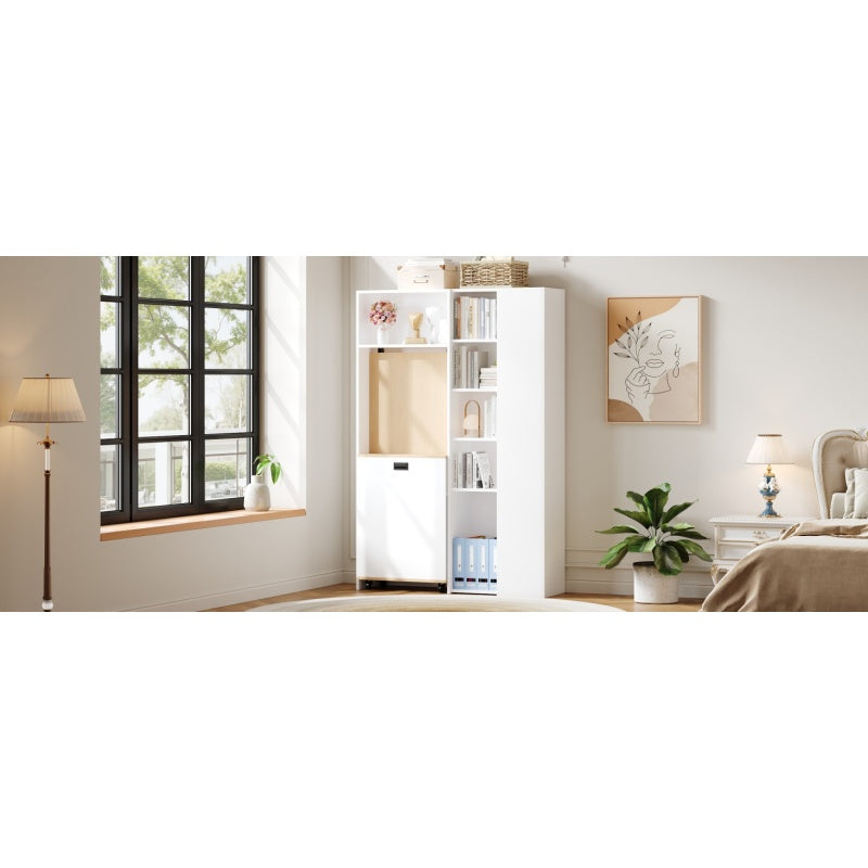 Klappbarer Schreibtisch mit Ablagen –2-in-1-Bücherregal und Schreibtisch, klappbar, mit Steckdose und USB-Anschluss, Kippschutz, weiß