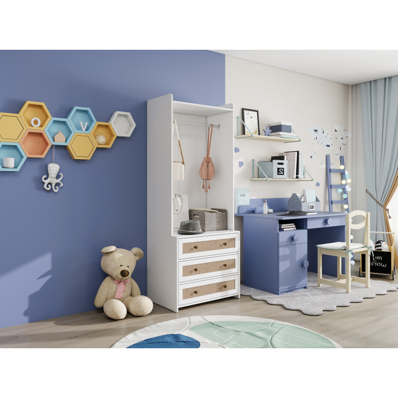 Weißer Kleiderschrank mit drei Schubladen – Garderobe mit Stauraumregal im Boho-Stil – Höhe 180 cm – ideal für Flur, Wohnzimmer, Schlafzimmer, Arbeitszimmer oder Büro.Maße:70*48*180cm