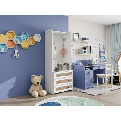 Weißer Kleiderschrank mit drei Schubladen – Garderobe mit Stauraumregal im Boho-Stil – Höhe 180 cm – ideal für Flur, Wohnzimmer, Schlafzimmer, Arbeitszimmer oder Büro.Maße:70*48*180cm
