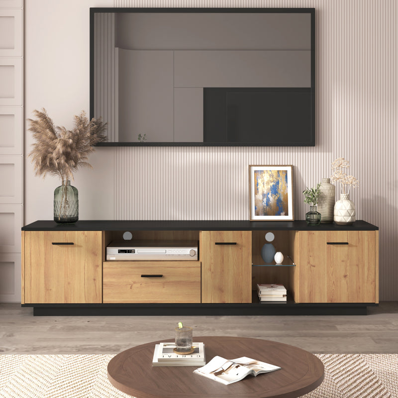 TV-Schrank mit einer Schublade, drei Türen, zwei offene Fächer mit Glas TV-Möbel, TV-Board, TV-Lowboard Feinstruktur. Schwarze und natürliche Holzfarben. 15 variable LED-Leuchten.