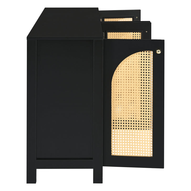 Modernes Sideboard im minimalistischen Stil 4-Rattantür, Metallgriff einfaches Buffetschrank für Esszimmer, Wohnzimmer, Küche (Schwarz)