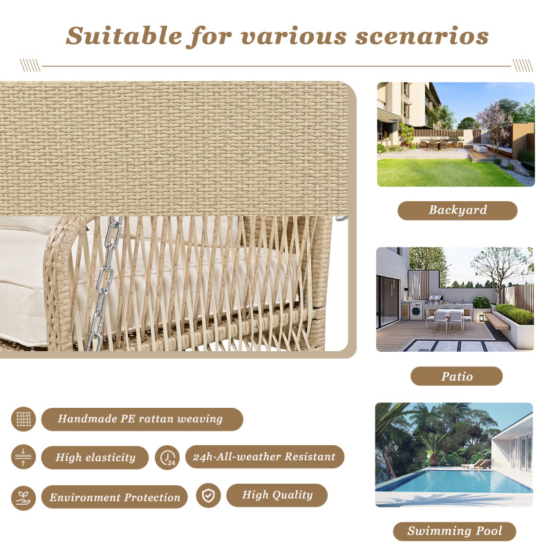 Hollywoodschaukel, Gartenschaukel, Gartenmöbel-Set für den Außenbereich, Beiges Rattan, beiges Sitzkissen, 2 Sitze, mit Sitzkissen und Rückenkissen, abnehmbar und waschbar