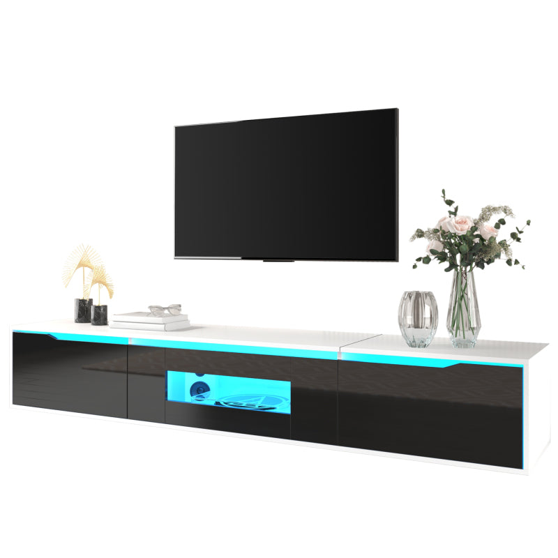 Schwarz-weißer TV-Schrank, 180 cm lang, Hochglanzoberfläche, mit 16-farbiger LED-Beleuchtung, wandmontierbar