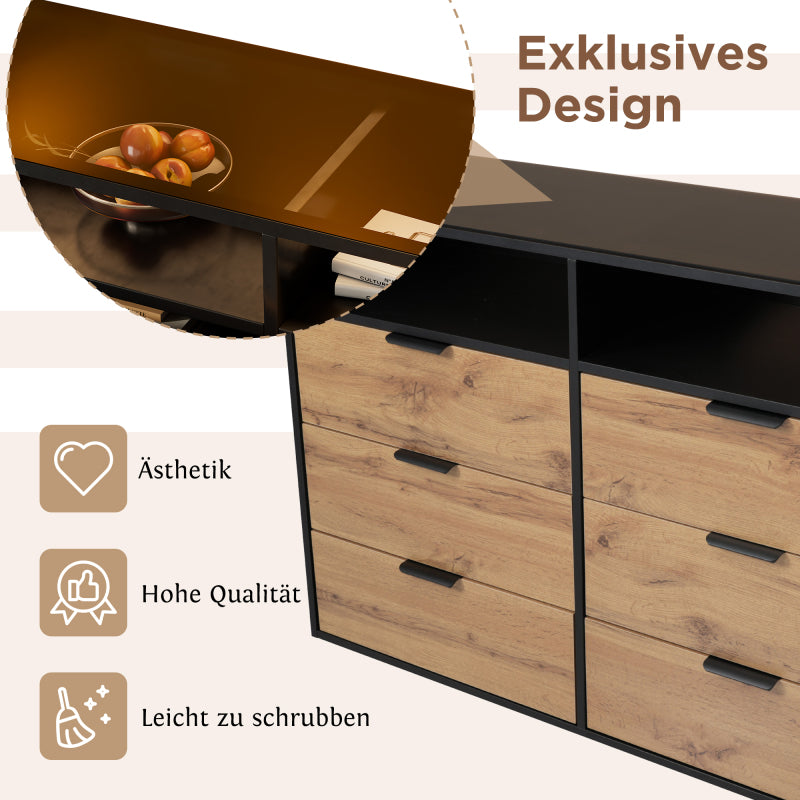 Kommode Sideboard aus Bernstein Glas, Sideboard mit Metallgriffen, Kommode mit 6 Schubladen und 2 Fächern , kippsicher, 120 x 40 x 80 cm, Eiche