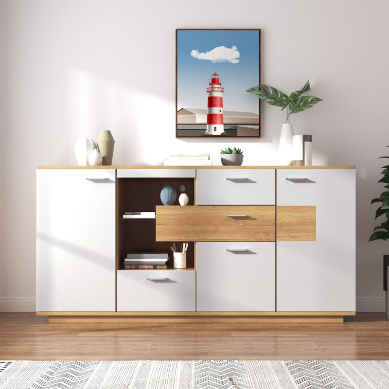 Modernes Sideboard-Schrank mit viel Stauraum, mit LED-Beleuchtung, 160x40x77cm, 2 Türen, 4 Schubladen, Glasablage, Holzoptik, Weiß,Wohnzimmermöbel, Organizer, Kommode, Mehrzweckschrank.