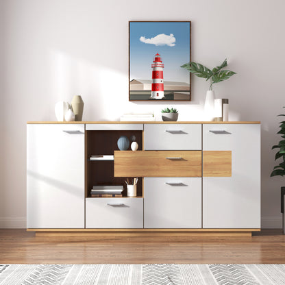 Modernes Sideboard-Schrank mit viel Stauraum, mit LED-Beleuchtung, 160x40x77cm, 2 Türen, 4 Schubladen, Glasablage, Holzoptik, Weiß,Wohnzimmermöbel, Organizer, Kommode, Mehrzweckschrank.