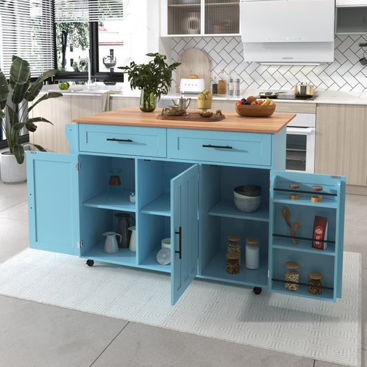 129x46(71)x91,5 cm großer Speisewagen/Sideboard, Arbeitsplatte mit Massivholzmaserung + blauer Schrank/faltbare Arbeitsplatte/Aufbewahrungstür-Design/Räder/Massivholzfüße umschaltbar/für Zuhause geeig