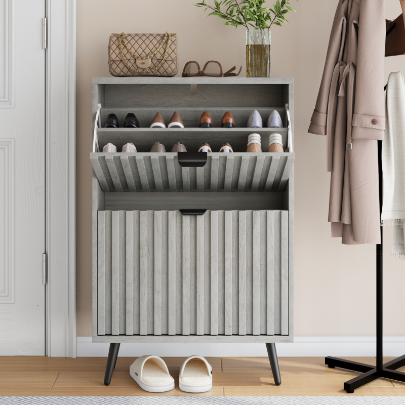 Ein versteckter Schuhschrank, 2-Klappen-Schubladen, verwendet als eigenständiger Schuhschrank für Eingänge, Flure, Wohnzimmer und Schränke, Grau