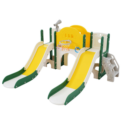 8 in 1 Kinderrutsche Kletterspielzeug, Multifunktionsrutsche mit 2 Rutschen, freistehende Rutsche, Klettern, Bohrspiel, Stauraum, Spielkorridor, Basketballkorb, Lasso-Spiel, Teleskop