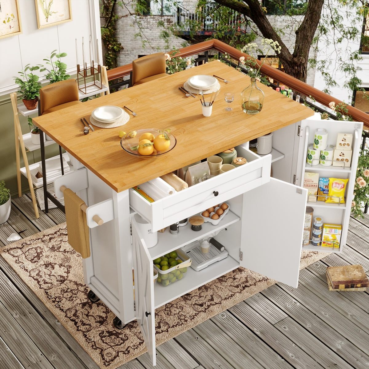 Kücheninsel mit Rollen & klappbarer Arbeitsplatte, Küchenwagen mit 3 Türen & Schublade, Sideboard inkl. Gewürzregal & Handtuchhalter, 99cm