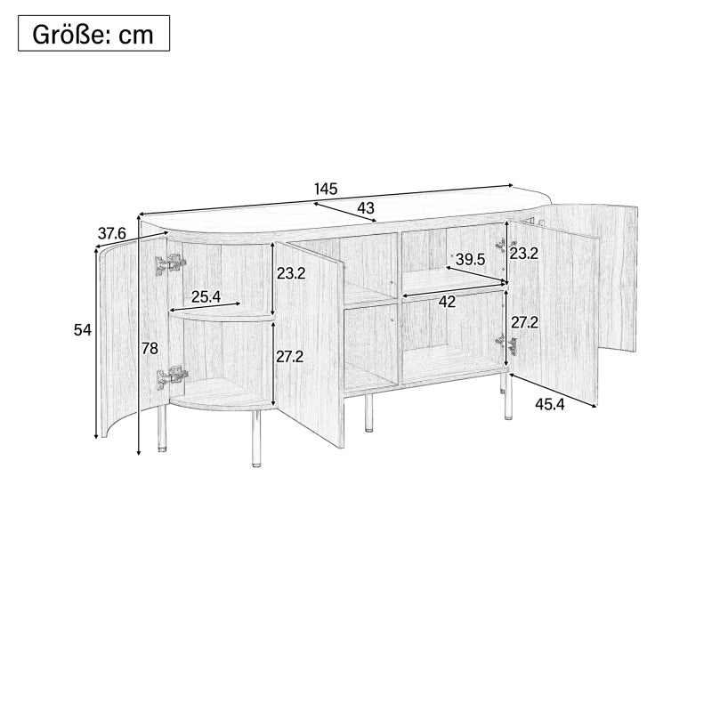 Moderner Bogenförmiger Sideboard mit verstellbaren Regalen und Metallbeinen, ideal für Wohnzimmer und Esszimmer (Schwarz)