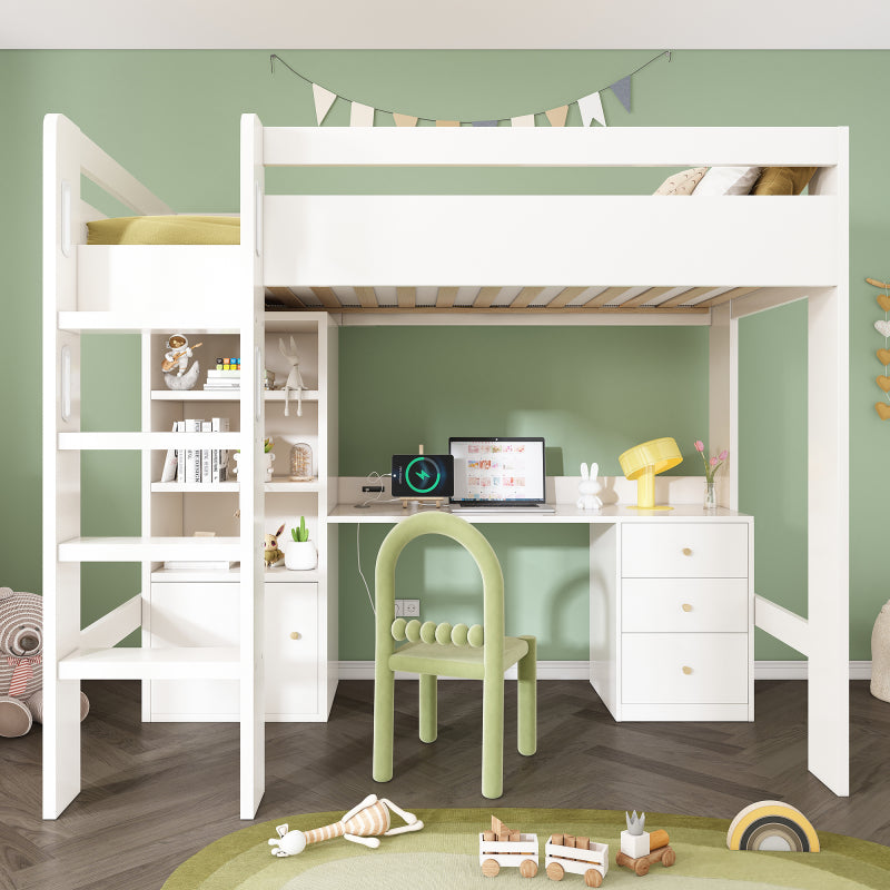 Kinderbett Hochbett mit USB-C Schreibtisch, Kleiderschrank und Aktenschrank, Jugendbett  Einzelbett mit Treppe und Lattenrost, Stauraum,90×200, Ohne Matratze