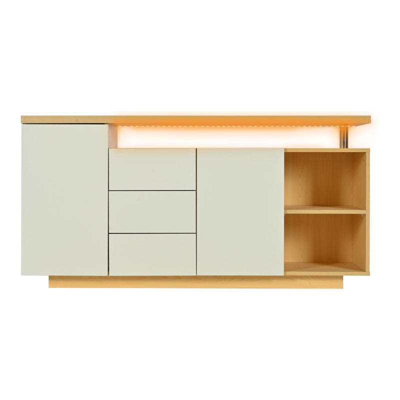 Multifunktionales Sideboard, Länge 140 cm, weiß und Holzimitat - 2 Türen, 3 Schubladen, 2 offene Fächer, mit LED-Beleuchtung