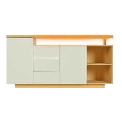 Multifunktionales Sideboard, Länge 140 cm, weiß und Holzimitat - 2 Türen, 3 Schubladen, 2 offene Fächer, mit LED-Beleuchtung