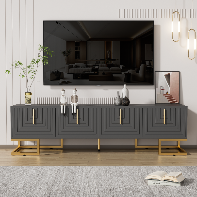 TV-Schrank,lowboard mit strukturierter Tür, TV-Möbel, goldenen Griffen und goldenen Füßen.