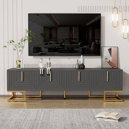 TV-Schrank,lowboard mit strukturierter Tür, TV-Möbel, goldenen Griffen und goldenen Füßen.