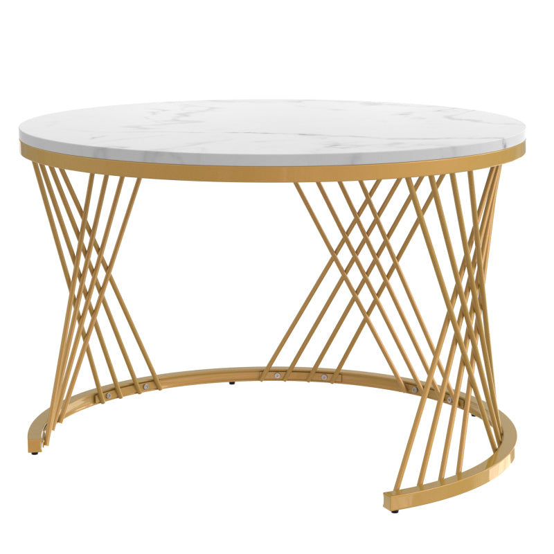 2 in 1 Runder Couchtisch aus MDF, Beistelltisch mit Tischplatte aus Marmor und Schubladen aus Kunststoff-Rattan, Griffe aus Massivholz. goldene Eisenfüße. 70*70*45,5+50*50*38,5cm