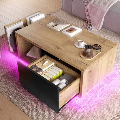 Couchtisch mit LED-Beleuchtung, Wohnzimmertisch mit Schublade und Stauraum, Holzoptik & Metall