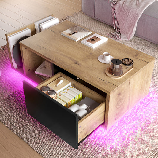 Couchtisch mit LED-Beleuchtung, Wohnzimmertisch mit Schublade und Stauraum, Holzoptik & Metall