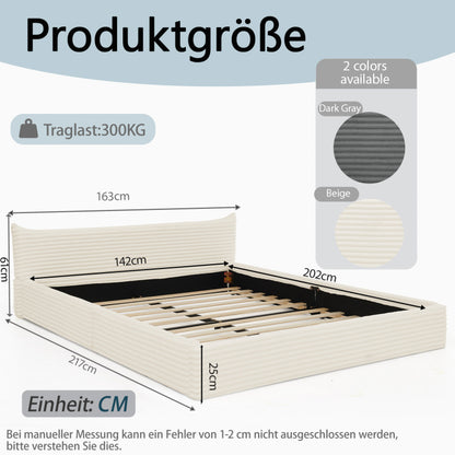 Doppelbett 140*200cm, mit Samtweichem Chenille-Bezug & Elegantem Kleinkantendesign am Kopfende, Beige (ohne Matratze)