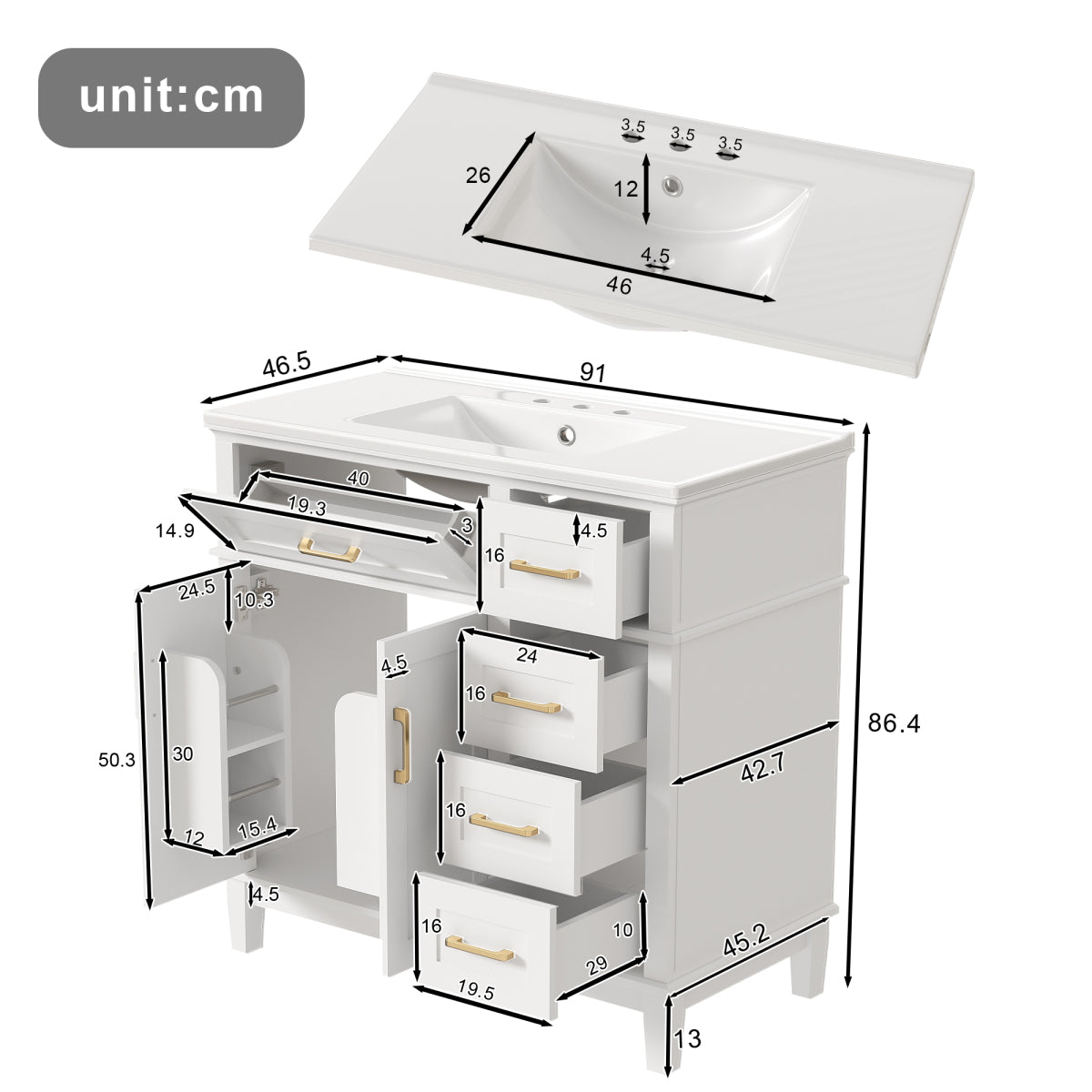 Badezimmer-Unterschrank 90×46×87 cm, weiß lackiert, Keramikwaschbecken, leise Schubladendämpfung, Massivholzbeine, viel Stauraum, goldene Griffe